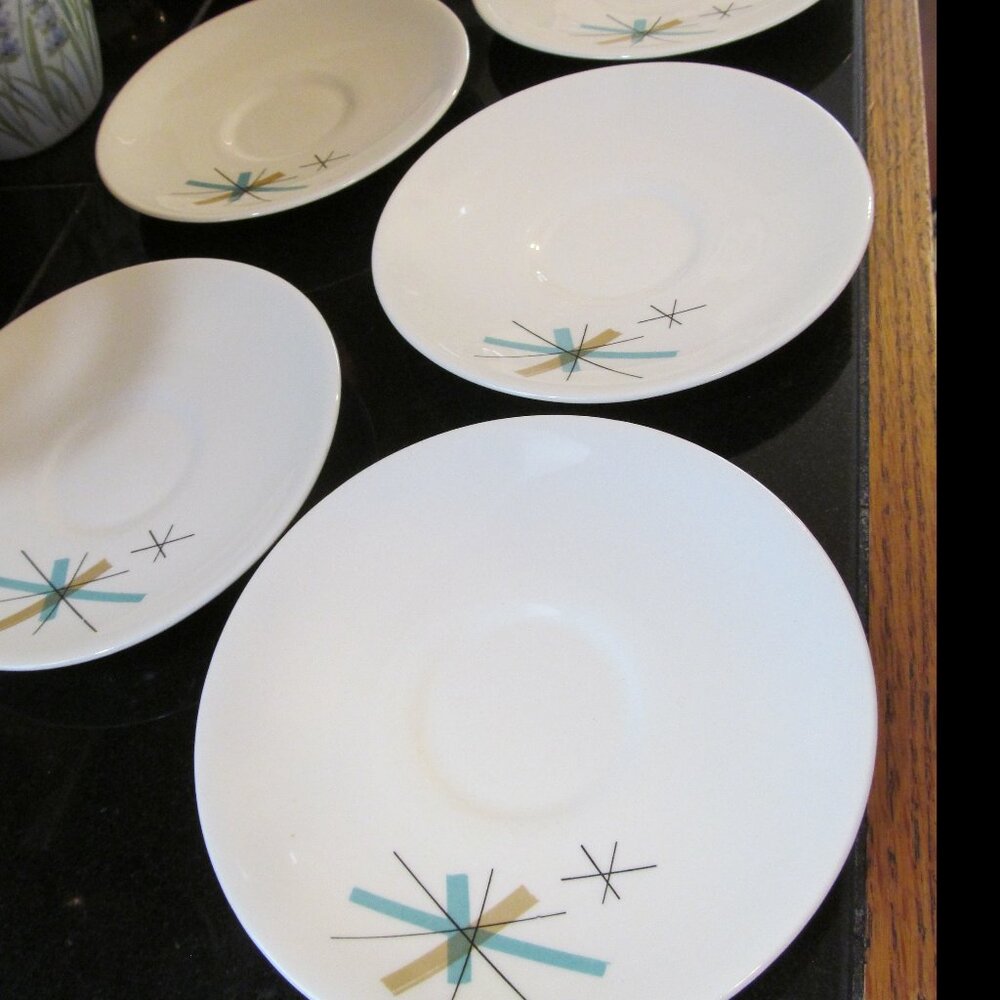 5 Vintage MCM Salem North Star Atomic Starburst Saucers Turquoise & Tan 1960s